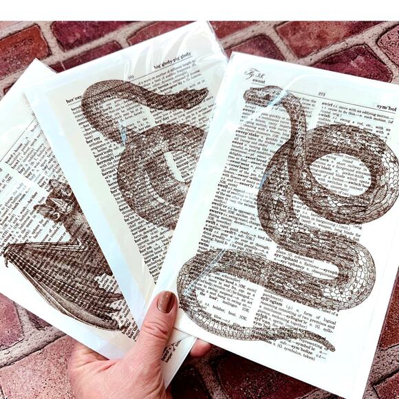 SNAKES & BAT Theme - Upcycled Dictionary Art Prints - Lot of 3 - Mini Poster Set - Picture 1 of 10